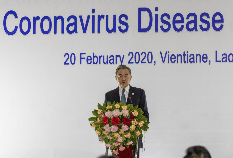 China's Foreign Minister Wang Yi speaks during a joint press conference of the Co-Chairs Special ASEAN-China Foreign Ministers' meeting on the Novel Coronavirus Pneumonia in Vientiane, Laos, Thursday, Feb. 20, 2020. (AP Photo/Sakchai Lalit)