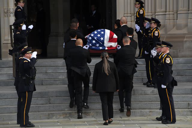 <p>OLIVIER DOULIERY/AFP via Getty</p> The remains of former US Supreme Court Justice Sandra Day O'Connor arrive at the National Cathedral in Washington, DC, on December 19, 2023, for her funeral service.