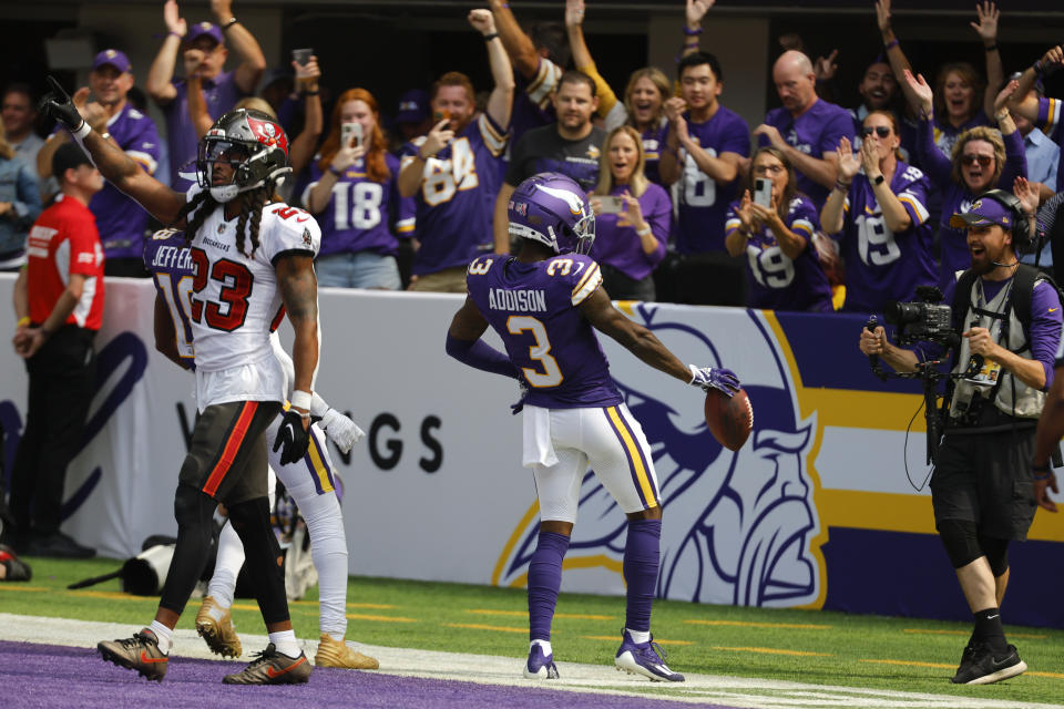 Minnesota Vikings wide receiver Jordan Addison (3) celebrates after catching a 39-yard touchdown pass during the first half of an NFL football game against the Tampa Bay Buccaneers, Sunday, Sept. 10, 2023, in Minneapolis. (AP Photo/Bruce Kluckhohn)