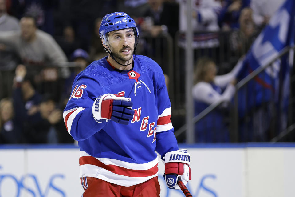 New York Rangers center Vincent Trocheck reacts after scoring against the Detroit Red Wings in the second period of an NHL hockey game Tuesday, Nov. 7, 2023, in New York. The Rangers won 5-3. (AP Photo/Adam Hunger)