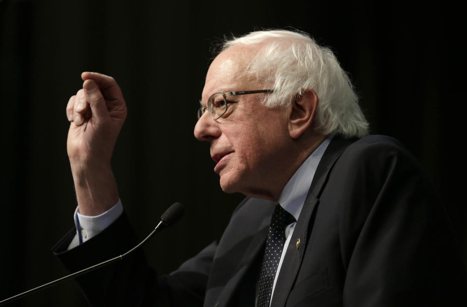 U.S. Sen. Bernie Sanders, I-Vt., a candidate for the 2020 Democratic presidential nomination, addresses during the National Action Network Convention in New York, Friday, April 5, 2019. (AP Photo/Seth Wenig)