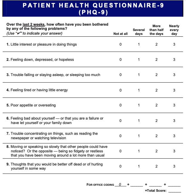 example of the patient health questionnaire, with 9 questions on it