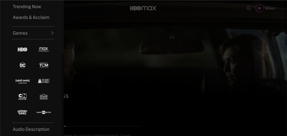The old dropdown menu of HBO Max.