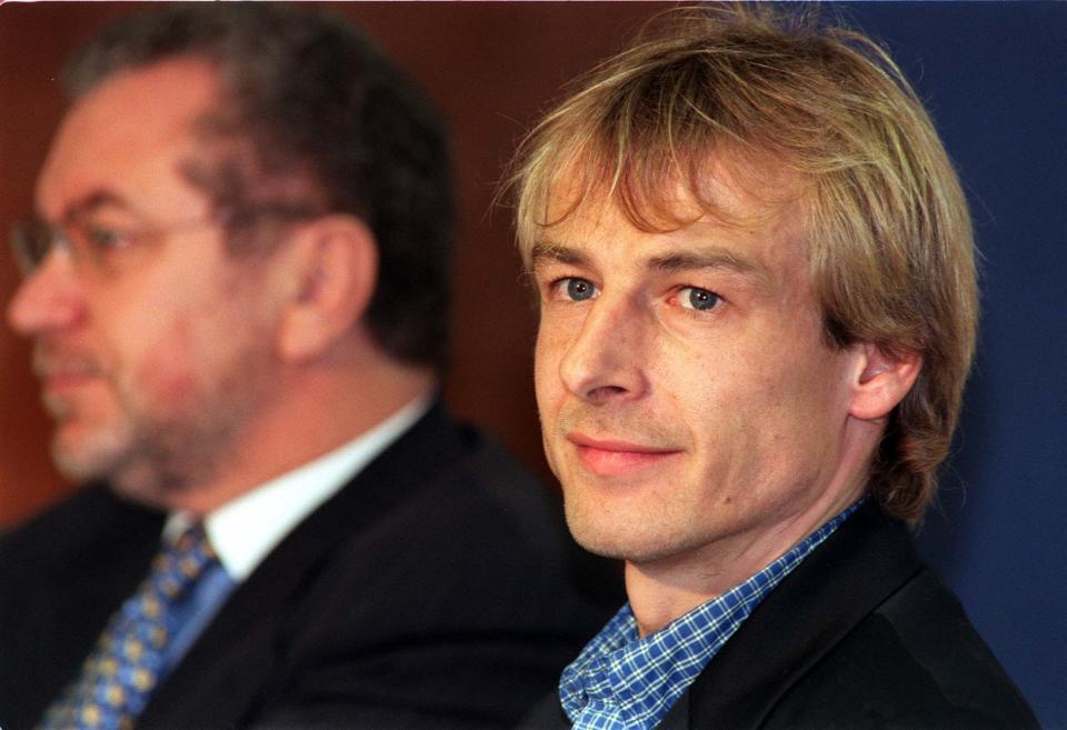 Tottenham Hotspur chairman Alan Sugar (left) and Jurgen Klinsmann and during a news conference today (Monday) after it was annouced that Klinsmann has rejoined struggling Spurs, currently third from bottom in the Premiership, for  175,000 on a contract until the end of the season with a view to a permanent move. Photo by Ben Curtis/PA. See PA story SOCCER