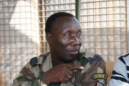 Sergeant Fougou Saley, the head of Niger's civil-military affairs unit for Diffa region, speaks during an interview at the U.S. Special Operations Forces compound following a counter-Boko Haram summit in Diffa, Niger September 3, 2015. REUTERS/Warren Strobel