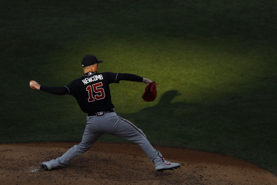 Atlanta Braves' Sean Newcomb pitches during the second inning of a baseball game against the Philadelphia Phillies, Monday, Aug. 10, 2020, in Philadelphia. (AP Photo/Matt Slocum)