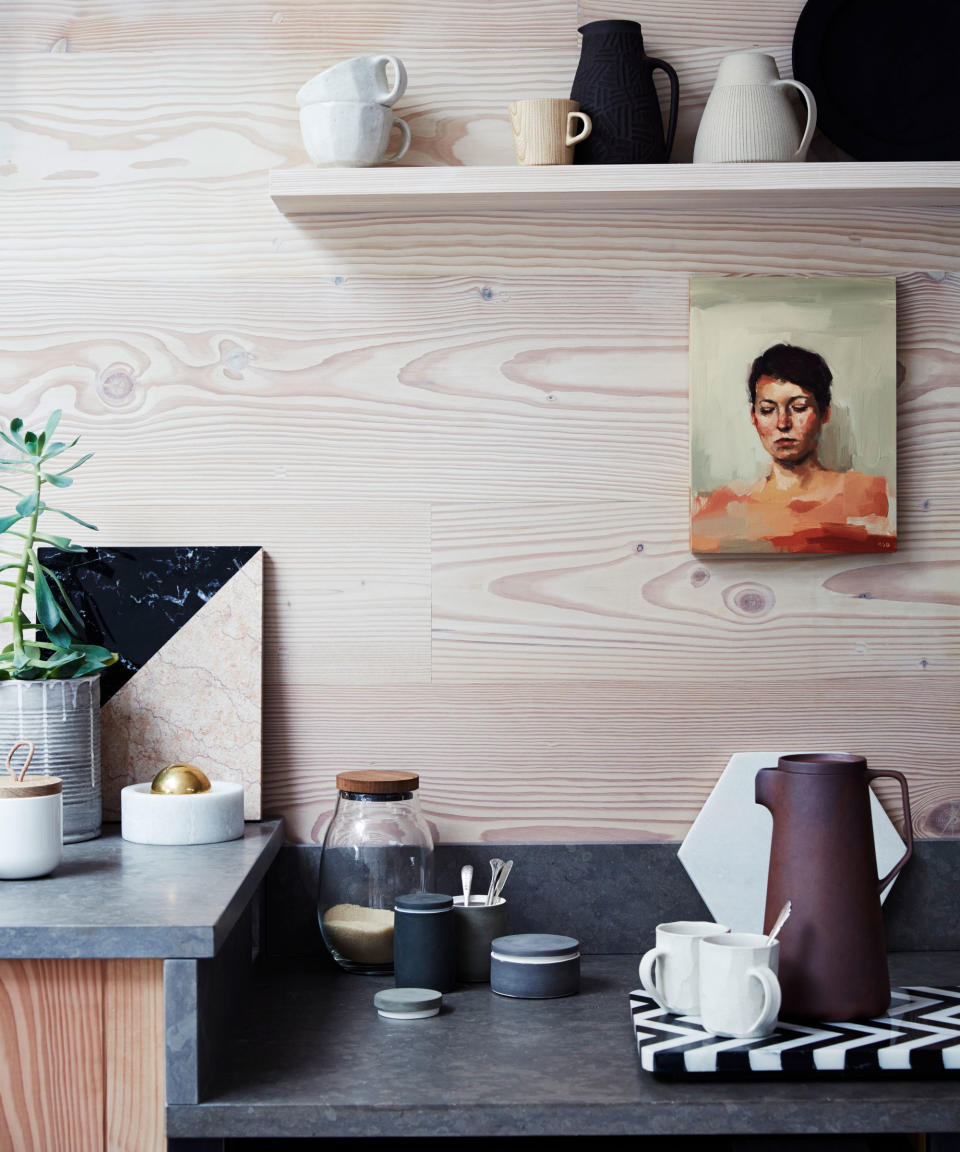 coffee cups on tray in kitchen