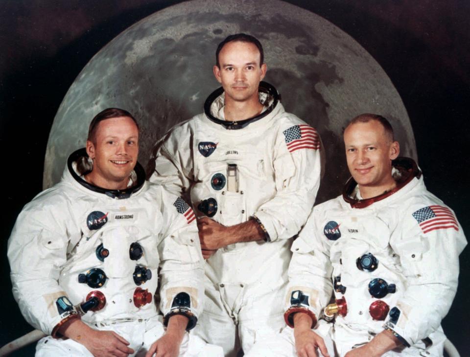 Astronauts Neil Armstrong , Michael Collins , and Buzz Aldrin , left to right, are pictured in this Apollo 11 crew portrait in 1969.