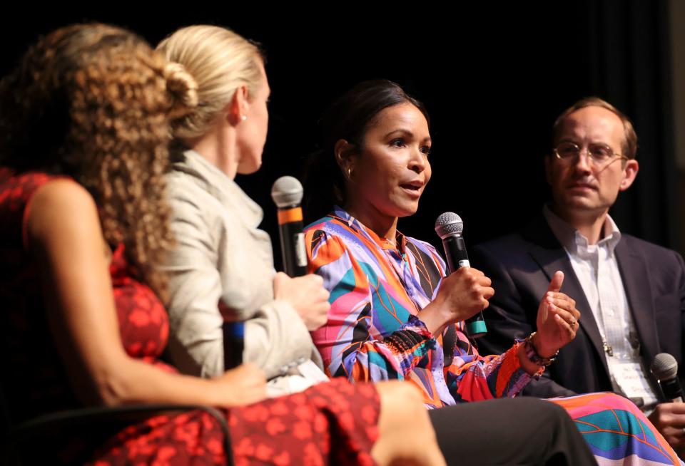 Hélène Biandudi Hofer, broadcast journalist and Good Conflict co-founder, speaks on a panel called “Can Media Go From the Problem to the Solution?” at the Braver Angels National Convention at Gettysburg College in Gettysburg on Friday, July 7, 2023. | Kristin Murphy, Deseret News