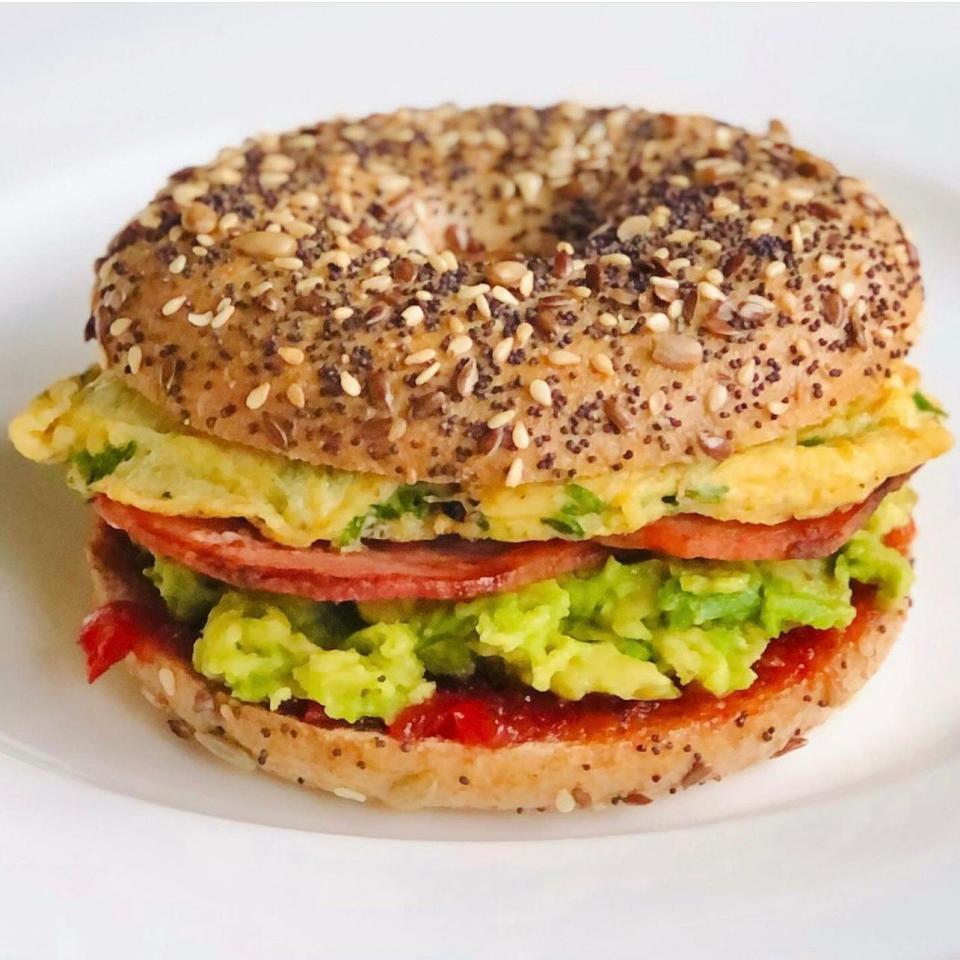 One of Fiona's new healthy lunches, a multi-seeded bagel with avocado