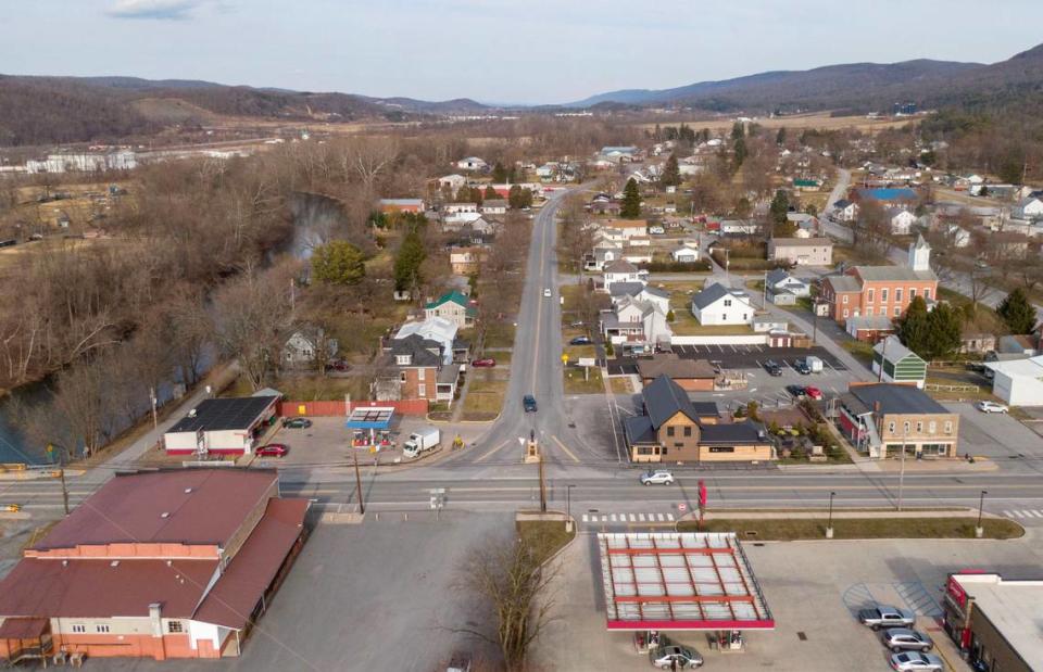 An aerial look of the Turnpike Street and Water Street in Milesburg on Monday, Feb. 26, 2024.