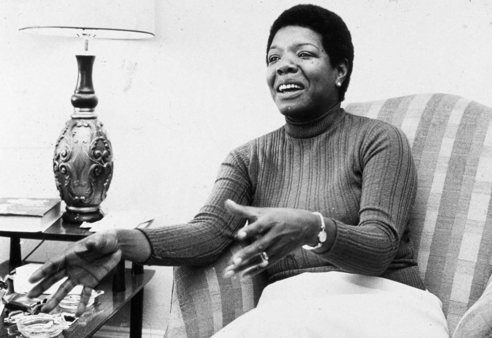 Maya Angelou gestures while speaking during an interview at her home on April 8, 1978.