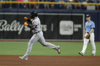 Detroit Tigers' Eric Haase circles the bases after hitting a homer against the Tampa Bay Rays during the fourth inning of a baseball game Sunday, Sept. 19, 2021, in St. Petersburg, Fla. (AP Photo/Scott Audette)