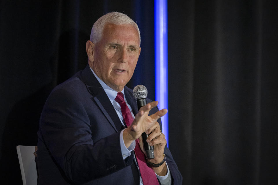 Former Vice President Mike Pence Mike Pence speaks at a luncheon hosted by the Ethics and Religious Liberty Commission during a Southern Baptist Convention annual meeting Tuesday, June 11, 2024, in Indianapolis. (AP Photo/Doug McSchooler)