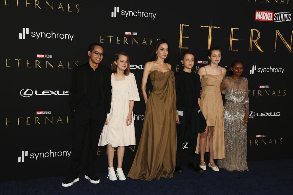 Angelina Jolie and her children (L-R) Maddox, Vivienne, Knox, Shiloh and Zahara at Marvel's 'The Eternals' Premiere at the El Capitan Theatre on October 18, 2021 in Los Angeles, California.