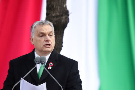 Hungarian Prime Minister Viktor Orban speaks during Hungary's National Day celebrations, which also commemorates the 1848 Hungarian Revolution against the Habsburg monarchy, in Budapest, Hungary, March 15, 2019. REUTERS/Lisi Niesner