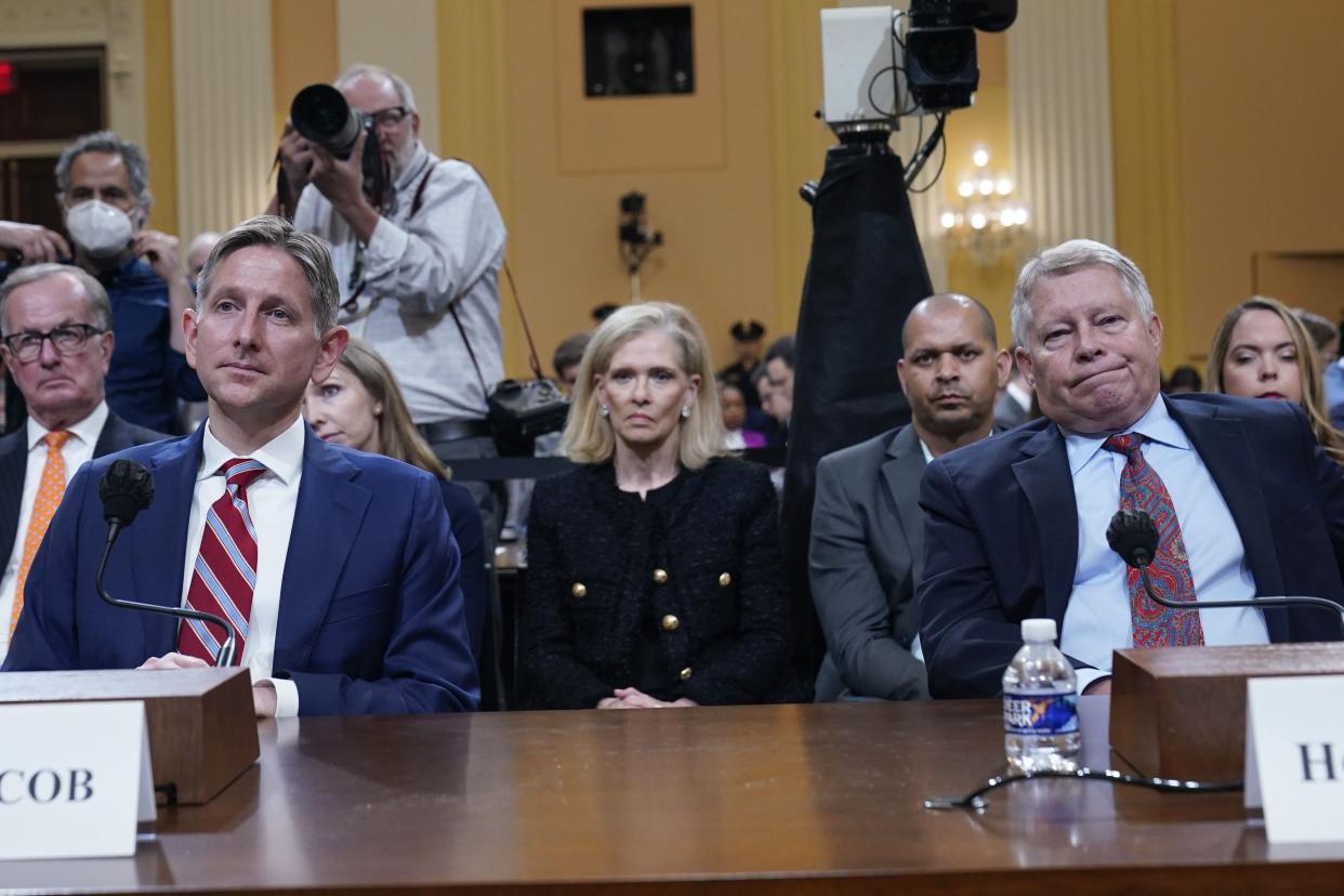 Greg Jacob, who was counsel to former Vice President Mike Pence, lefty and Michael Luttig, a retired federal judge, listen as the House select committee investigating the Jan. 6, 2021, attack on the Capitol holds a hearing at the Capitol in Washington, Thursday, June 16, 2022. 