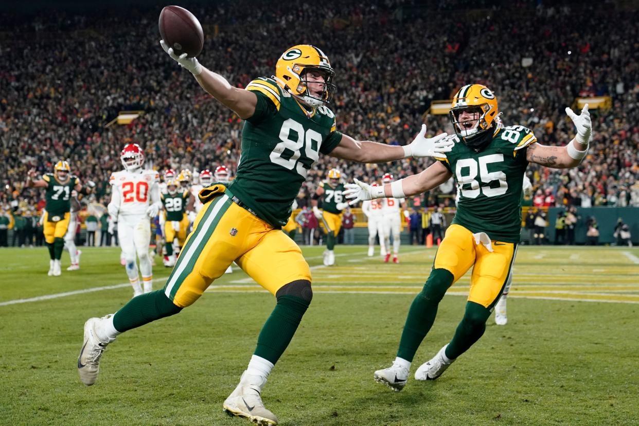 Ben Sims of the Green Bay Packers celebrates after scoring a touchdown during the first quarter against the Kansas City Chiefs.