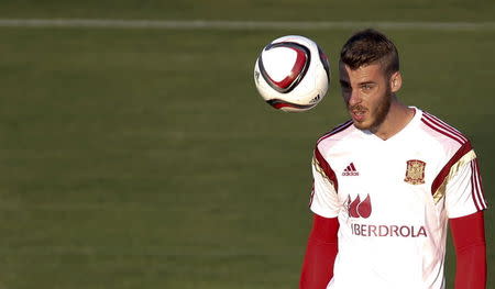 Spain's goalkeeper David de Gea attends a training session at Soccer City grounds in Las Rozas, near Madrid, Spain, September 2, 2015. REUTERS/Susana Vera