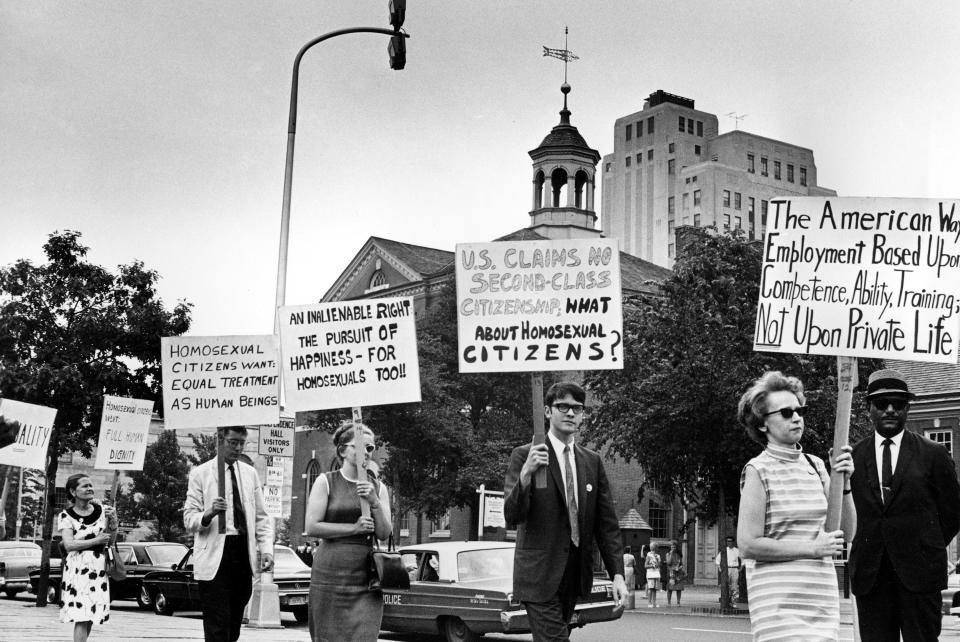 Lahusen (right) among demonstrators calling for the protection of homosexuals from discrimination in 1976 (AP)