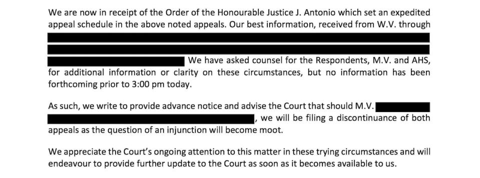 A letter to the Alberta Court of Appeal from W.V.'s lawyer is partially redacted but explains there are circumstances where his appeal would become "moot."