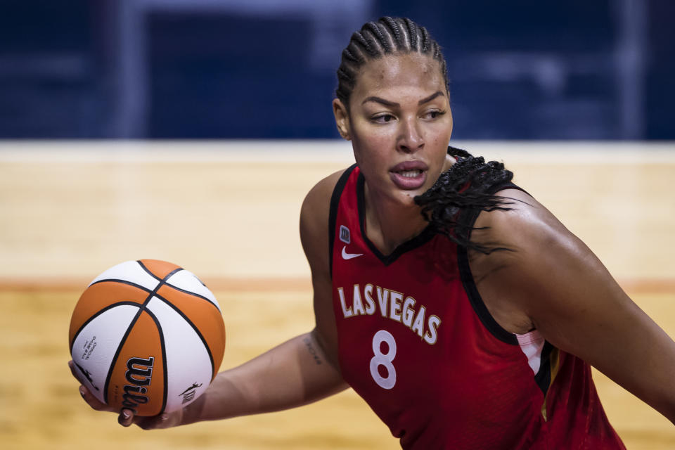 WASHINGTON, DC - JUNE 05: Liz Cambage #8 of the Las Vegas Aces in action against the Washington Mystics during the second half of the game at Entertainment & Sports Arena on June 5, 2021 in Washington, DC. NOTE TO USER: User expressly acknowledges and agrees that, by downloading and or using this photograph, User is consenting to the terms and conditions of the Getty Images License Agreement. (Photo by Scott Taetsch/Getty Images)