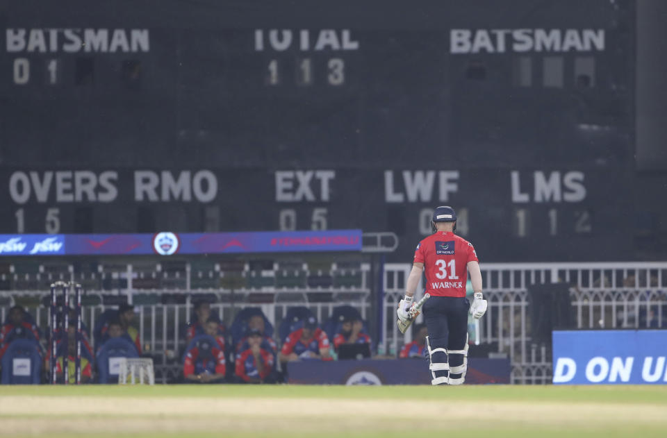 David Warner of Delhi Capitals leaves the field after being dismissed during the Indian Premier League cricket match between Delhi Capitals and Lucknow Super Giants in Lucknow, India, Saturday, April 1, 2023. (AP Photo/Surjeet Yadav)