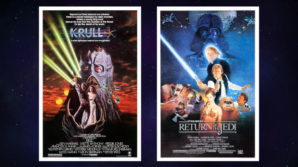 A side-by-side movie poster comparison of sci-fi fantasy movie Krull (1983) and Star Wars: Return of the Jedi (1983). Krull poster = From left to right: The Prince wearing a black tunic is holding a glaive (a 5-pointed star-shaped weapon with curved blades at each point) high in the air with a beam of golden light erupting from each point. The pretty princess with long, red curly hair and wearing a white dress is standing behind him. Behind them there is a large gray alien face with red eyes and sharp fangs. In the background there is a cloudy red sky with 2 large suns and a number of evil minions. Star Wars: Return of the Jedi = Hero in the center of the poster holding a lightsaber. Just behind him, looming over him is the villain Darth Vader. Below there are his companions (a man wearing a black vest and aiming a pistol, a lady wearing a bikini, fluffy teddy bear Ewok,, pilot, and a few evil minions).