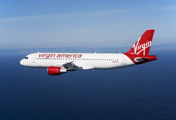 A Virgin America airplane in flight