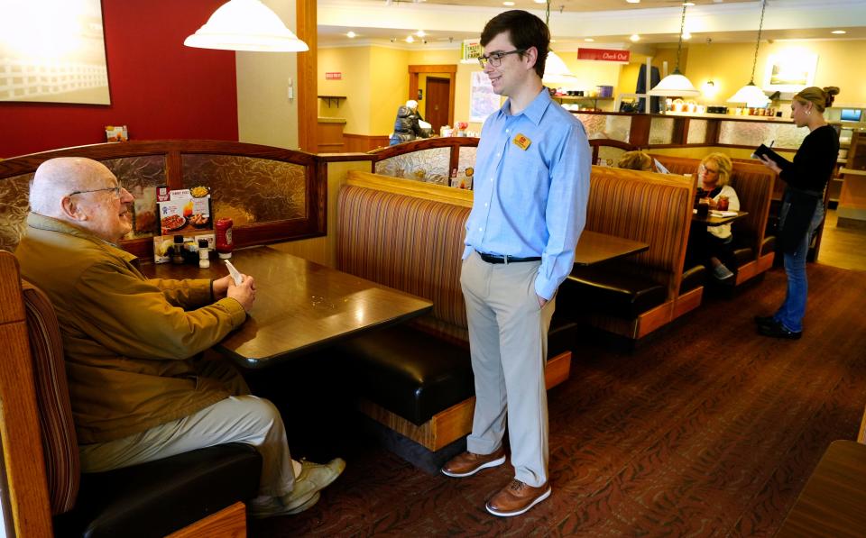 Herb Schnitzer, 89, has been a regular at the Bob Evans restaurant in Blue Ash for nearly 15 years. He regularly talks with Jack Robertson, general manger, who always asks Herb for a joke.