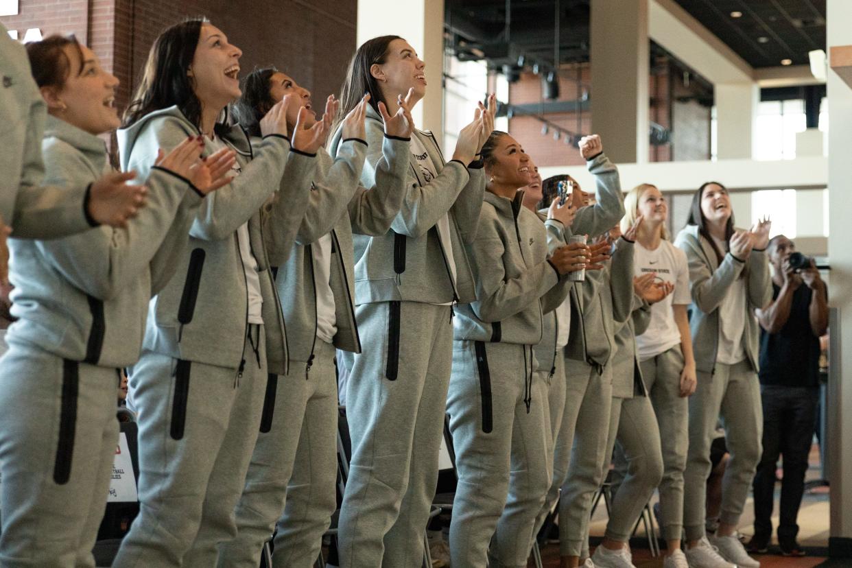 The Oregon State women's basketball team reacts after being selected as a No. 3 seed in the NCAA Tournament at the Toyota Club in Reser Stadium March 17. The Beavers will play Eastern Washington in the first round at Gill Coliseum this week.