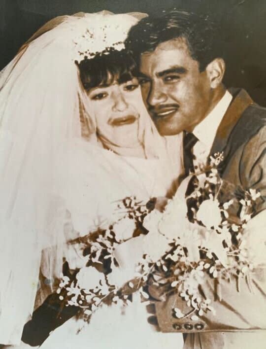 "These are my grandparents, Javier and Martha Palomino, on their wedding day 52 years ago in Mexico. They have five children and 11 grandchildren. My grandma said she really made my grandpa work to win her over. We lost my grandpa in 2016 and we miss him dearly. My grandparents were inseparable, and I just remember watching them when I was younger and seeing all the love they had for each other. He did anything and everything for my grandma. Coming from humble beginnings in Mexico and moving to California to give their children a better life is what America is all about." ― <i>Daisy Poindexter</i>