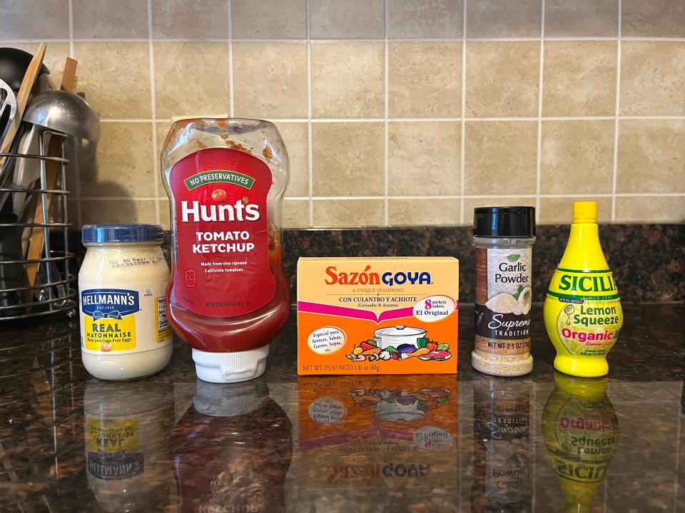Mayonnaise, ketchup, Goya Sazon, garlic powder, and lemon juice