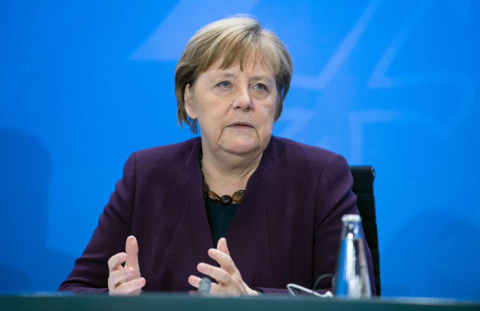 12 March 2020, Berlin: Federal Chancellor Angela Merkel (CDU) spoke at a press conference following her meeting with other members of the Federal Government and the heads of the LÃ¤nder governments at the Federal Chancellery. Topics of the joint meeting of the Minister President's Conference (MPK) and the Federal Government include the spread of the coronavirus, the package for the expansion of renewable energies and a new State Treaty on Gambling. Photo: Bernd von Jutrczenka/dpa (Photo by Bernd von Jutrczenka/picture alliance via Getty Images)