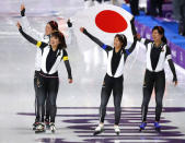 Speed Skating - Pyeongchang 2018 Winter Olympics - Women's Team Pursuit Competition Finals - Gangneung Oval - Gangneung, South Korea - February 21, 2018. Miho Takagi, Ayaka Kikuchi, Ayano Sato and Nana Takagi of Japan celebrate winning gold. REUTERS/Phil Noble