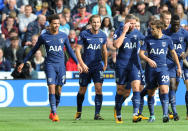 <p>Tottenham’s Harry Kane celebrates scoring their third goal with team mates (REUTERS/Peter Powell) </p>