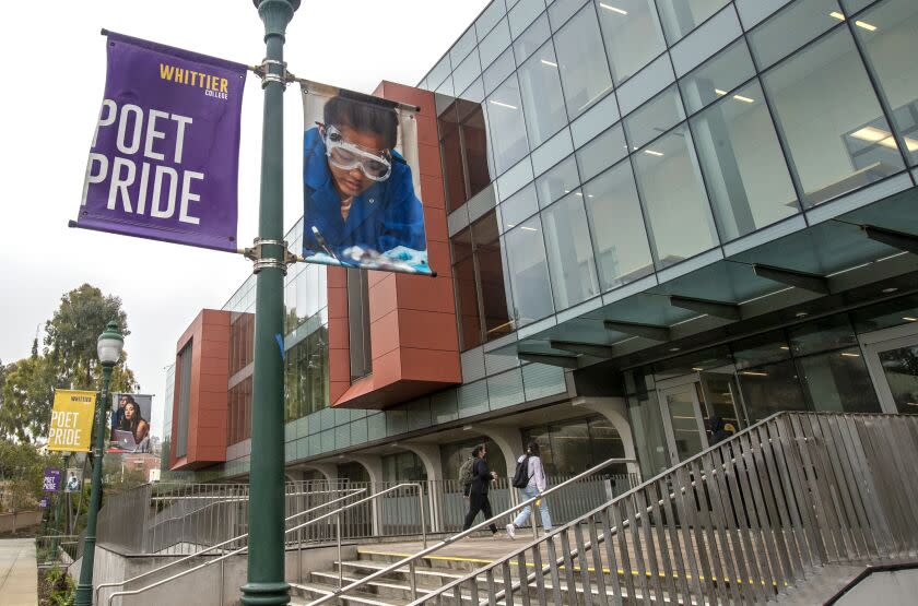 WHITTIER, CA-MARCH 16, 2023: Students make their way into the Science Center at Whittier College in Whittier. The school is roiling in controversy. (Mel Melcon / Los Angeles Times)