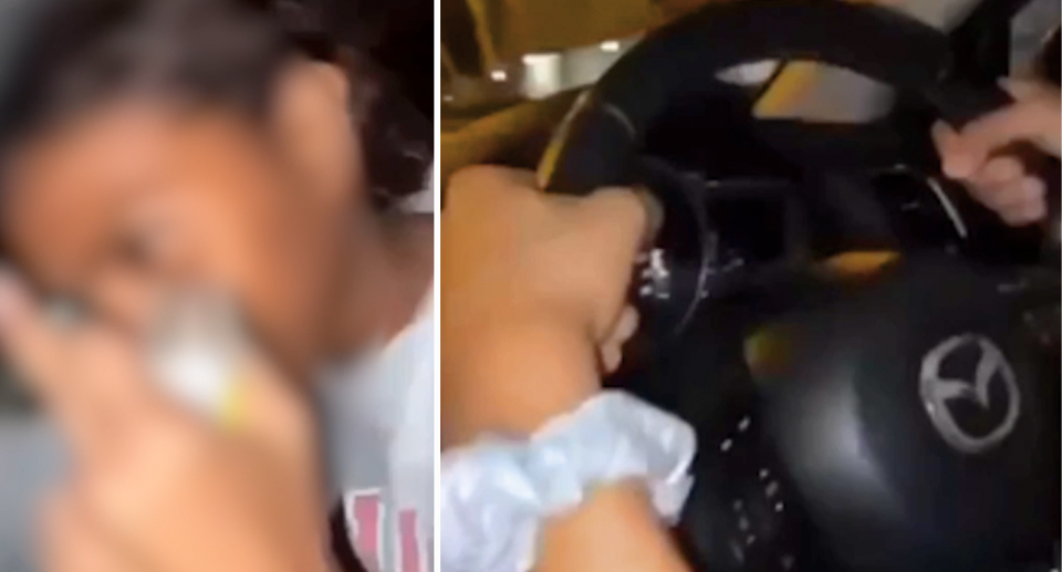 Stills taken from a video appearing to show a group of Darwin girls allegedly crash a car at high speed. 