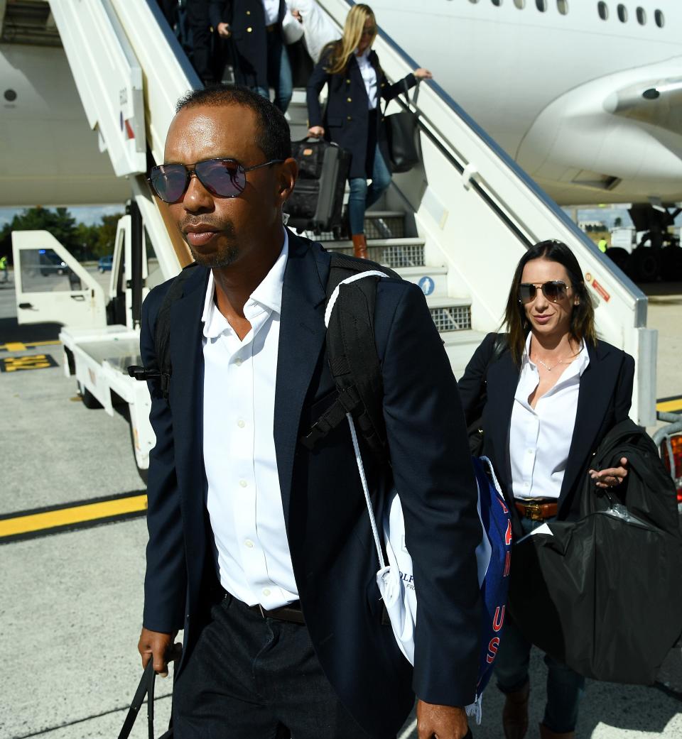 Tiger Woods and girlfriend&nbsp;Erica Herman arrive in Paris on Monday before the Ryder Cup.<br /><br /><i></i> (Photo: FRANCK FIFE via Getty Images)