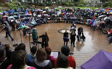 Supporters of same-sex marriage gather for a rally in Portland, Oregon April 22, 2014. REUTERS/Steve Dipaola