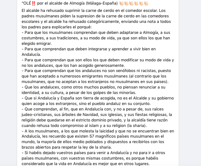 Cada equis tiempo resurge el bulo del alcalde de un pueblo (que van cambiando) que habría negado la petición de padres de origen musulmán de sacar el cerdo del menú del comedor escolar. (Foto: Captura de Facebook)