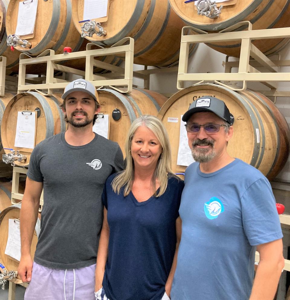 Seth (left), Lisa and Barry Owings of Broomtail Brewery in Wilmington, N.C. on Aug. 5, 2023.