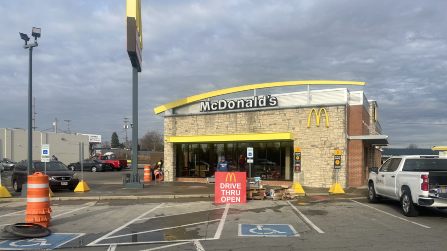 A sign outside of McDonald's on 619 Harrisburg Pike says that the drive thru is open.