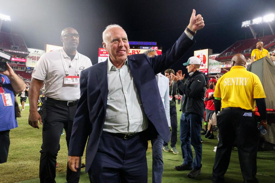 Philadelphia Eagles owner Jeffrey Lurie celebrates after beating the Tampa Bay Buccaneers at Raymond James Stadium on Sept. 25, 2023.