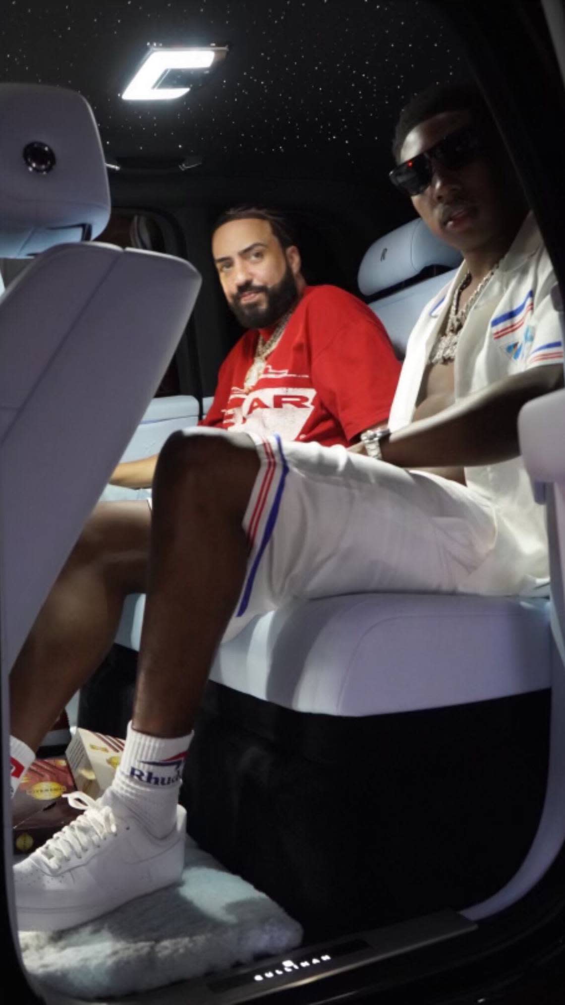 Rappers French Montana and Rob49 in an SUV during a video production in Miami Gardens last week in which gunfire broke out and hurt 10 people.