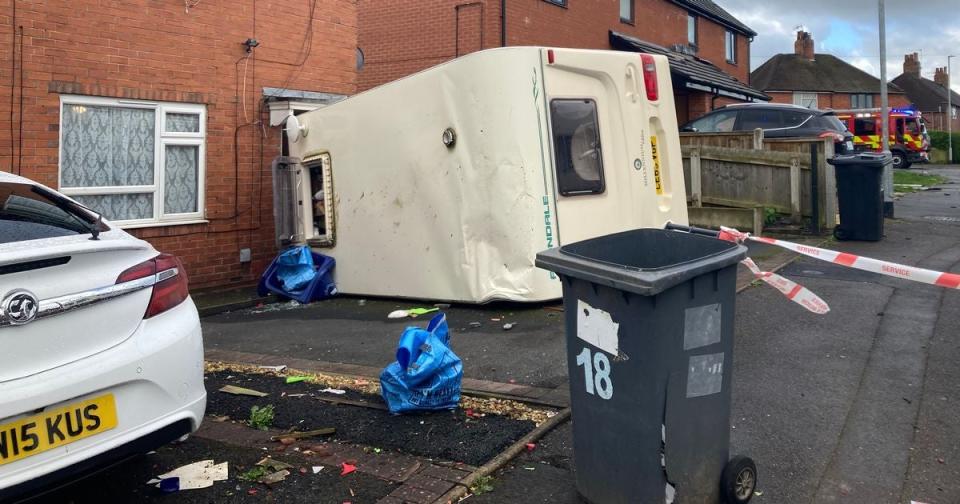 The ‘tornado’ flipped a caravan on its side as the Met Office warned of severe winds across the country (StokeonTrentLive/BPM)