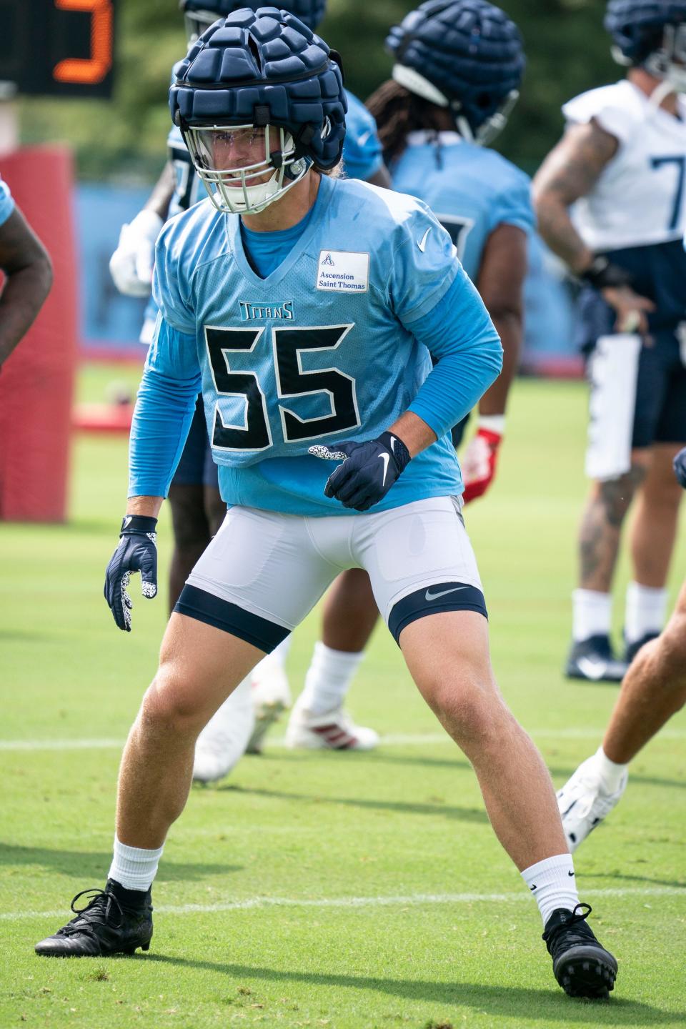 Tennessee Titans outside linebacker Derrek Tuszka (55) warms up during practice at Ascension Saint Thomas Sports Park Monday, Sept. 5, 2022, in Nashville, Tenn. 