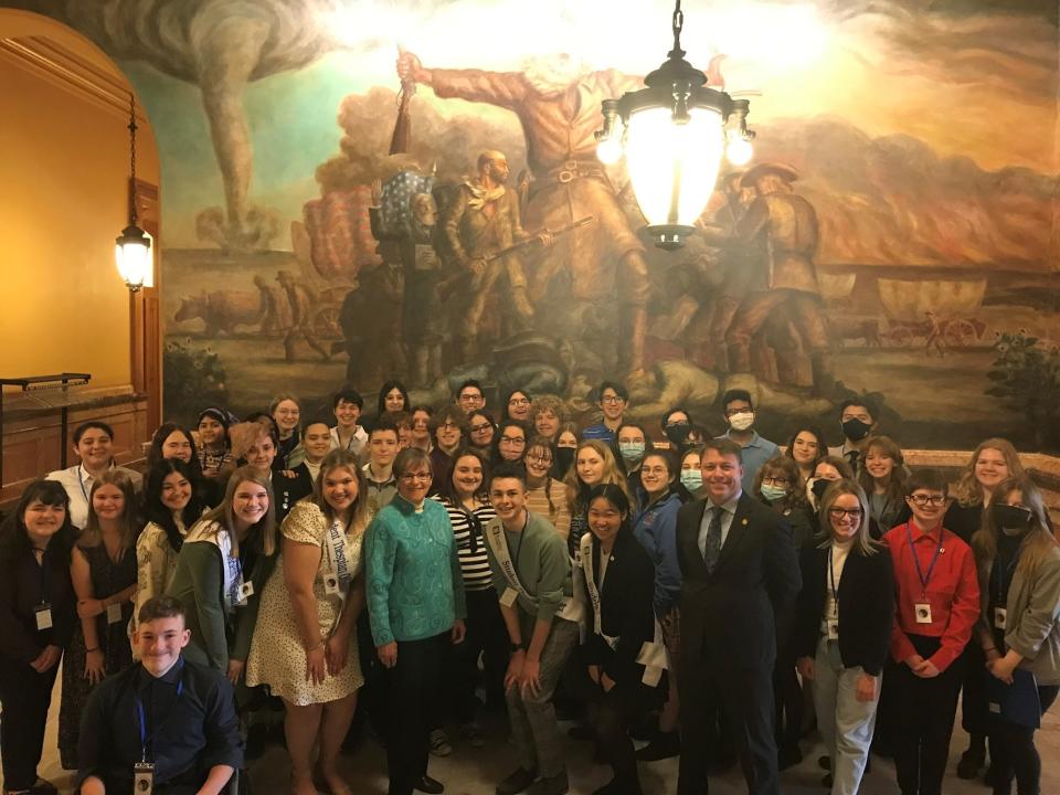 Members of the Topeka West thespian theater troupe meet with Gov. Laura Kelly during a theater education advocacy day in March.