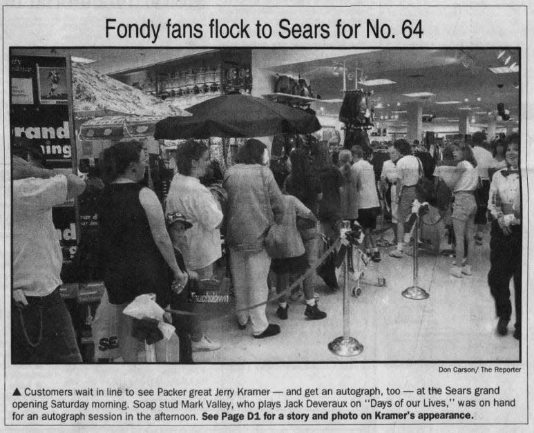 For the Aug. 16, 1997 grand opening of Sears in the Forest Mall, patrons lined up to get autographs from Packers legend Jerry Kramer. Soap opera star Mark Valley from "Days of Our Lives" offered autographs in the afternoon.