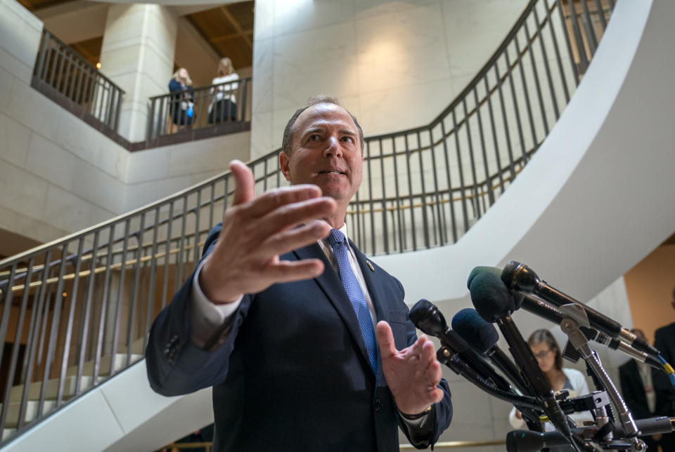 House Intelligence Committee Chairman Adam Schiff, D-Calif., speaks to reporters after the panel met behind closed doors with national intelligence inspector general Michael Atkinson about a whistleblower complaint, at the Capitol in Washington, Thursday, Sept. 19, 2019. (AP Photo/J. Scott Applewhite)